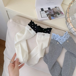 Women Crew Socks Combed Cotton Heart Pattern Ruffled Lettuce Edge Metal Charm Ribbed Knit Breathable Casual