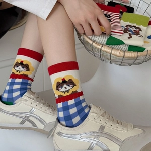 Japanese style mid-calf cotton socks with checkered pattern and cute cat embroidery