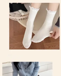 Detail of white cotton rib knit sock showing wide elastic cuff and floral lace trim