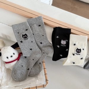 Chaussettes Mi-Mollet Femme Coton Peigné Respirant Motif Étoile Broderie Chat Dessin Animé Meow Décontracté Doux