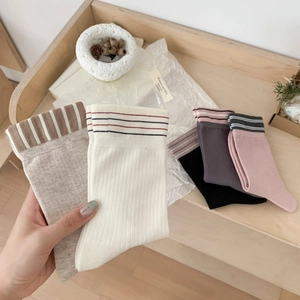 Women Mid Calf Crew Socks Combed Cotton Striped Ribbed Knit Breathable Casual Japanese Style Retro