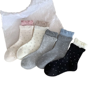 Lot de 5 paires de chaussettes en coton pour femmes avec pois et bords à volants