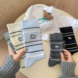 Chaussettes Mi-Mollet Femmes Coton Peigné Rayé Broderie Chien Dessin Animé Respirant Décontracté Pour Usage Quotidien