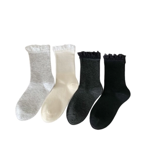 Sweet lace trim ribbed cotton mid-calf socks in grey, beige, and black colors