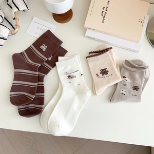 Chaussettes Mi-Mollet Coton Peigné Antibactérien Respirant Broderie Animaux Mignons Style Coréen Décontracté Femmes