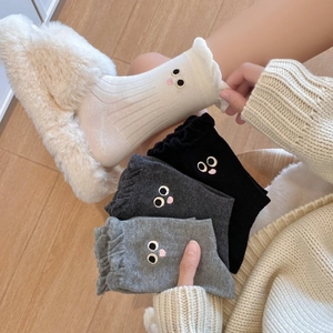 Cute cotton socks with lace trim and cartoon eyes embroidery in four classic colors