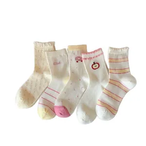 Five pairs of cute mesh crew socks with apple and polka dot patterns for summer