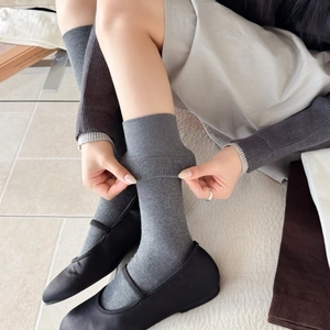 Japanese style grey ribbed cotton knee-high socks paired with black Mary Jane shoes