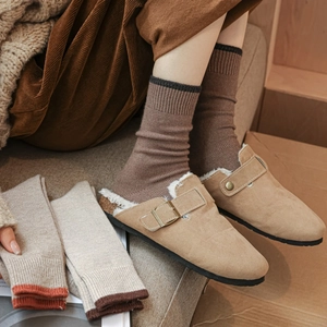 Winter ensemble with khaki fleece-lined mule slippers and cozy knit crew socks in earth tones