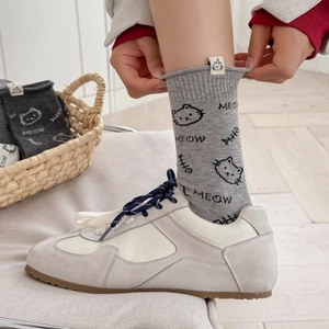 Cute cartoon cat cotton crew socks in grey with meow embroidery and sneakers