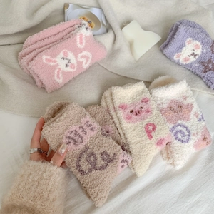 Chaussettes Hiver Femmes Chaudes Épaisses Polaire Corail Mi-Mollet Dessin Animé Animal Ours Lapin Pelucheuses Maison Sommeil Sol
