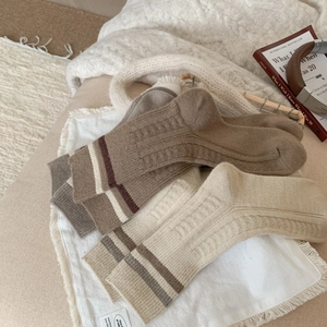 Detailed close-up of thick wool knit socks in beige and grey with striped cuffs