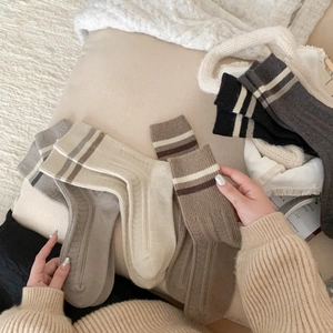 Close-up of ribbed texture and striped cuffs on warm wool blend socks in earthy tones