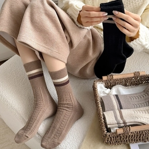 Detail of warm wool blend crew socks with vertical ribbing and contrast stripes