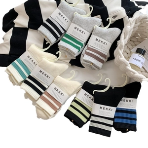 Three-stripe cotton crew socks set with ribbed knit texture and comfortable fit