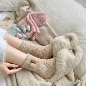 Warm coral fleece socks with cute bow decoration and plush slippers for winter home wear
