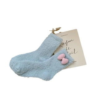 Blue coral fleece socks with pink bow decoration for winter home and sleeping wear