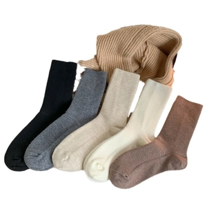 Five pairs of thick thermal knit crew socks in neutral earthy tones with ribbed texture