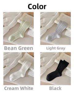 Detailed texture of ribbed cotton mid-calf socks in green, gray, cream, and black colors