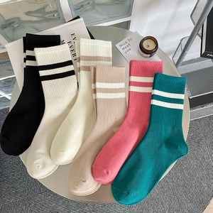 Set of 6 colorful combed cotton crew socks with athletic double stripes and ribbed cuffs