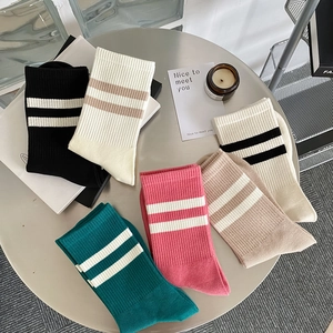 Mid-calf cotton sports socks with classic double stripes in five assorted colors