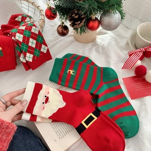 Christmas Cotton Blend Mid-Tube Socks Festive Santa Claus Reindeer Snowflake Pattern Knitted Warm Holiday Socks For Women Men