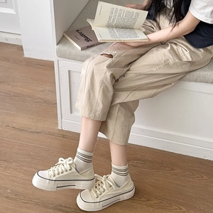 Chic Korean style off-white platform canvas sneakers with striped cotton crew socks