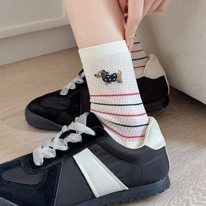 Chaussettes Mi-Mollet En Maille Pour Femmes Coton Peigné Respirant Rayures Pois Broderie Chien Dessin Animé