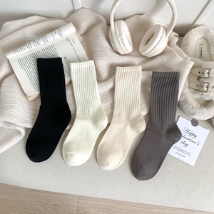 Women Crew Socks Combed Cotton Ribbed Knit Solid Color Casual Breathable Elastic Soft Daily Wear Fashion Korean Style