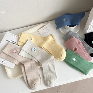 Detail of colorful ribbed cotton socks with minimalist cartoon face embroidery