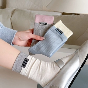 Women's Korean style ribbed cotton crew socks with contrast colors and Amity logo label