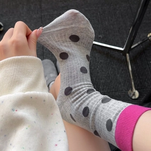 Chaussettes Mi-Hautes À Pois Femmes Coton Peigné Respirant Rétro Bord-Côte Couleur Contrastée Mode Décontractée