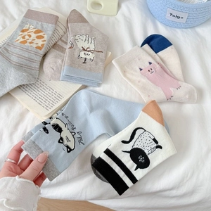 Five pairs of cute cartoon cat cotton crew socks in various colors on a soft white bed
