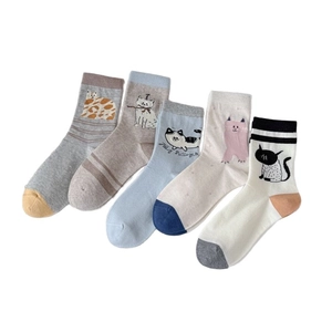Five pairs of cute cartoon cat cotton crew socks in assorted colors with seamless toes