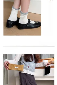 Detail of ribbed knit crew socks with pearl accents and classic Mary Jane shoes