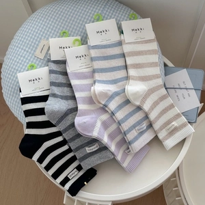 Five pairs of macaron-colored striped combed cotton casual mid-calf socks for women