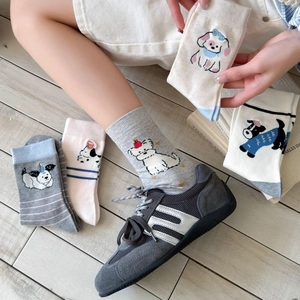 Women Crew Socks Combed Cotton Cartoon Dog Embroidery Cute Japanese Style Casual Breathable Comfortable Middle Tube