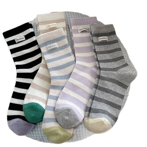 Five-pack set of striped combed cotton crew socks in macaron colors with rib knit texture