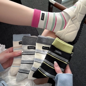 Women's striped cotton crew socks with Felicity logo tags in assorted multi-color pack