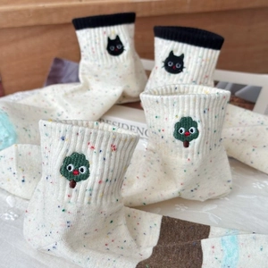 Japanese style cream mid-calf cotton socks with colorful dots and cartoon cat embroidery