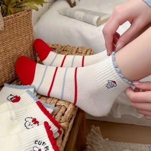 Cotton ankle socks for women with red and blue stripes and cartoon dog embroidery