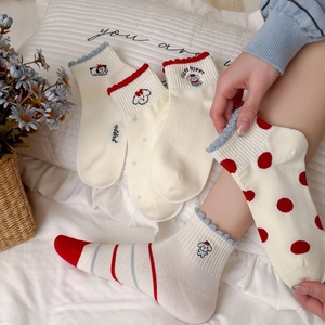 5-pack cotton ankle socks with cartoon puppy embroidery and stylish red ruffled cuffs