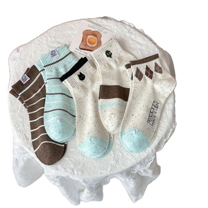Five pairs of Japanese style cotton socks with cute kitten embroidery and stripes