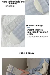 Détails de chaussettes à carreaux bleu et gris montrant coutures lisses et maille