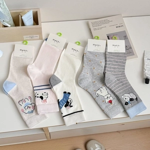 Five pack cartoon cotton crew socks for women featuring cute animal and heart patterns