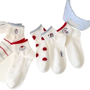 Set of white cotton ankle socks featuring cute red cartoon puppy embroidery and polka dots