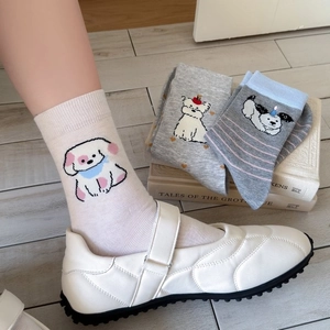 Japanese style combed cotton mid-tube socks with cute Maltese dog cartoon embroidery