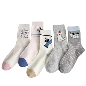 Five pairs of cute cartoon dog pattern mid-calf cotton socks in pastel neutral colors