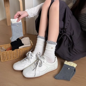Mid-calf cotton socks with elegant pearl accents and dual-layer cuffs in various colors