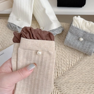 Women's vertical striped cotton socks with ruffled cuffs and pearl accents in assorted colors